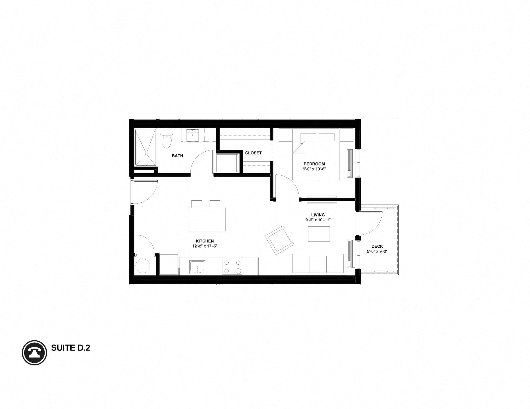 Floor plan for 1 bed, 0.8 baths, 593 sqft